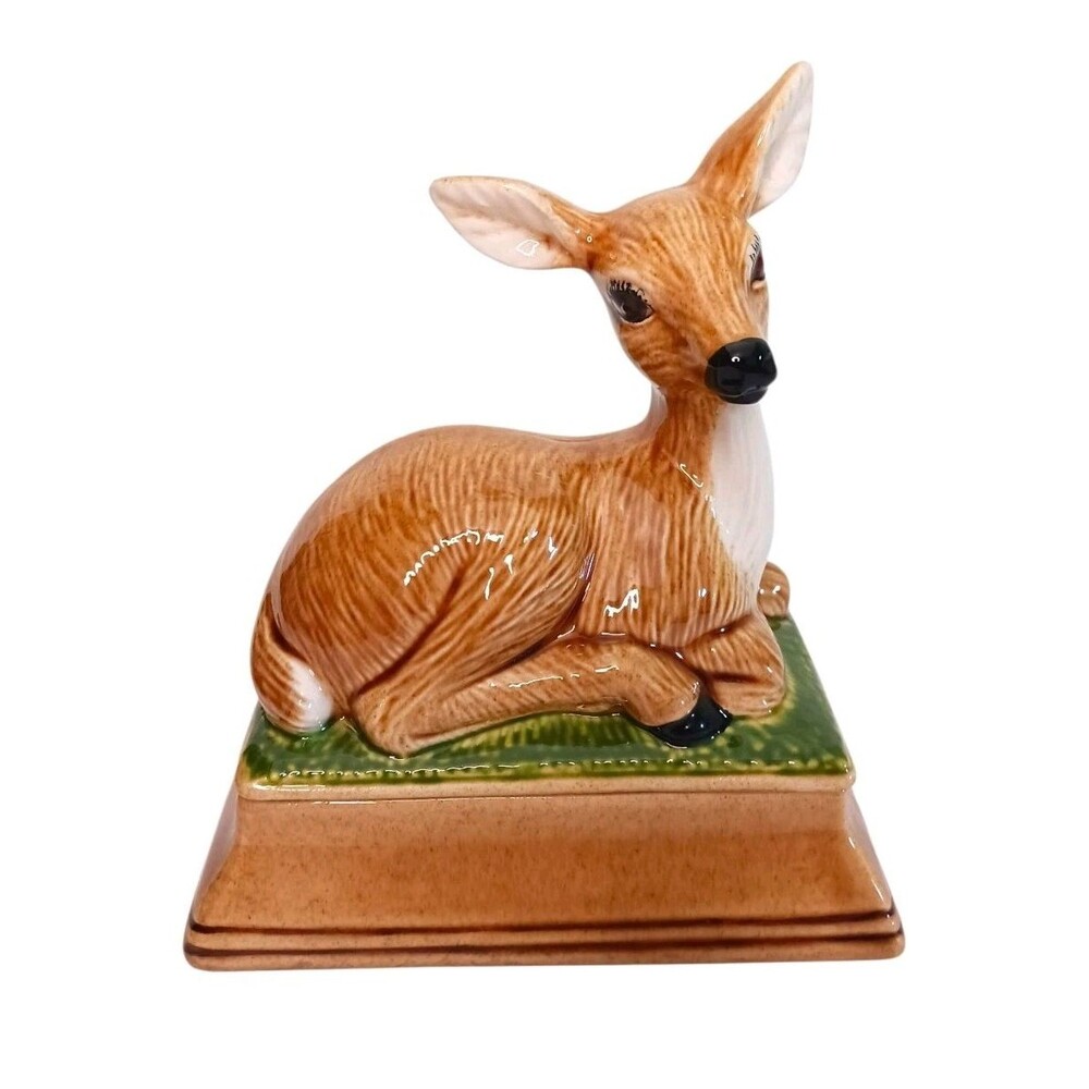 Vintage Ceramic Deer Lying On Grass Lidded Candy Trinket Dish MCM Cottage Core